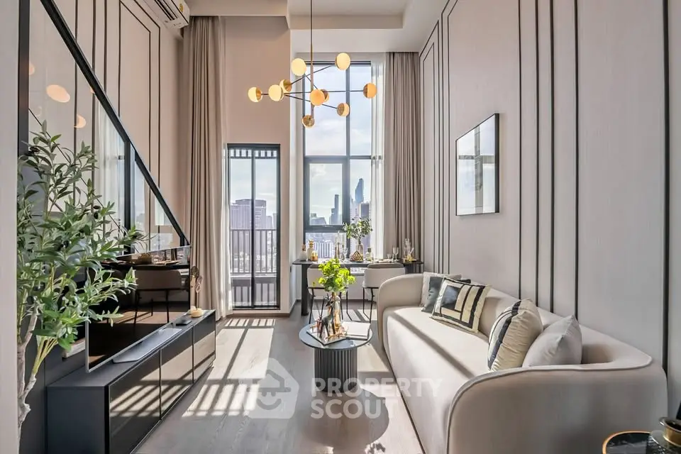 Luxurious modern living room with high ceilings and city view, featuring elegant decor and ample natural light.