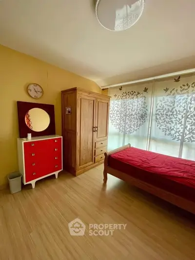 Cozy bedroom with wooden furniture and decorative window blinds