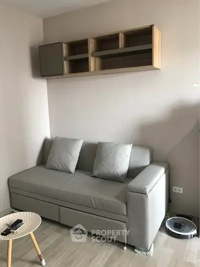 Cozy living room with modern gray sofa and wall-mounted shelves, perfect for urban living.