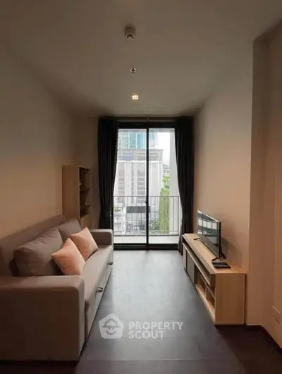 Modern living room with balcony view in urban apartment