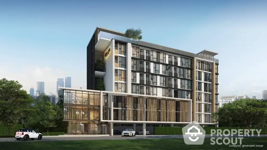 Modern upscale apartment building with a sleek design, featuring large windows, a spacious ground floor with commercial spaces, and a lush green setting.