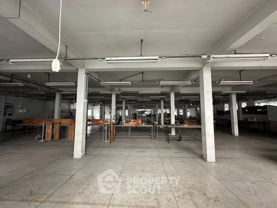 Spacious industrial warehouse interior with concrete floors and high ceilings, ideal for storage or manufacturing.