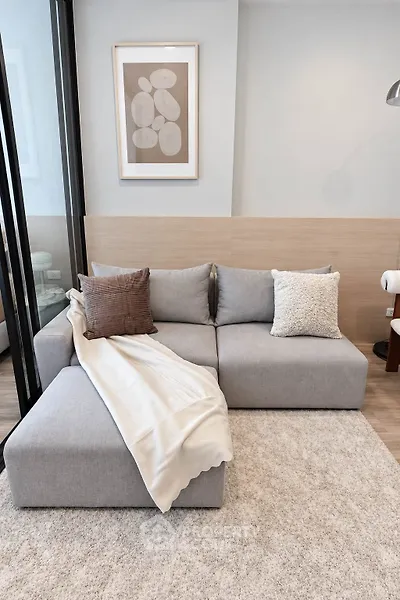 Modern living room with stylish gray sofa and cozy decor