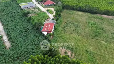 Aerial view of expansive green farmland with scattered buildings and lush vegetation.
