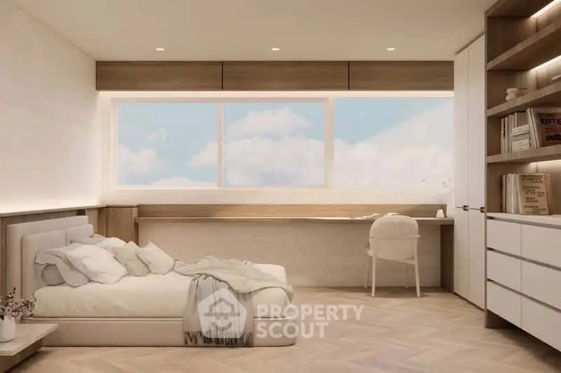 Modern minimalist bedroom with large window and built-in storage, offering serene ambiance and ample natural light.
