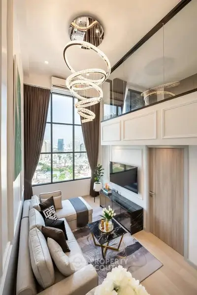 Luxurious modern living room with high ceilings and stunning city view