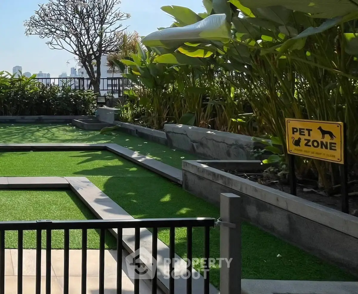 Pet-friendly rooftop garden with lush greenery and city views
