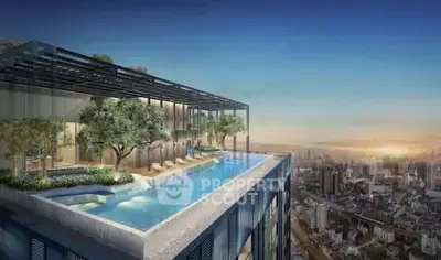 Luxurious rooftop pool with stunning city skyline view at sunset