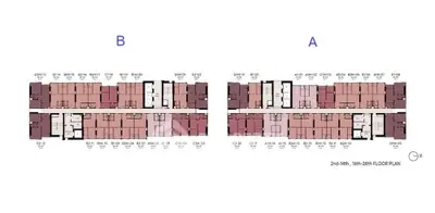 Detailed floor plan layout for multi-story residential building, showcasing unit arrangements and orientations.