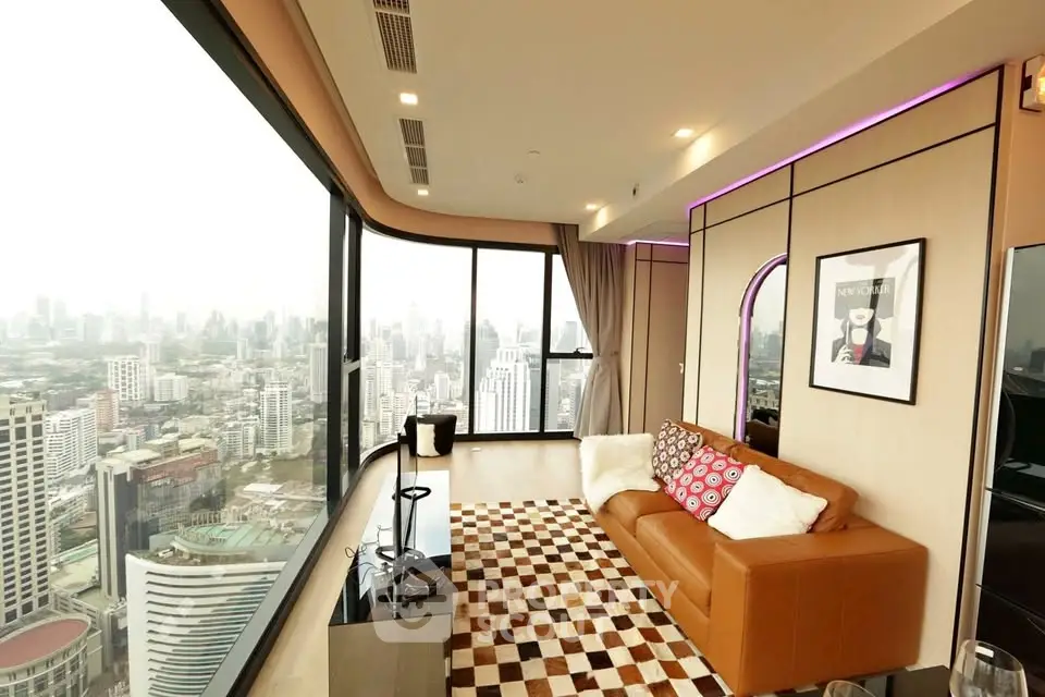 Luxurious corner unit living room with panoramic city view and stylish decor
