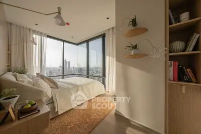 Luxurious bedroom with panoramic city view and elegant decor
