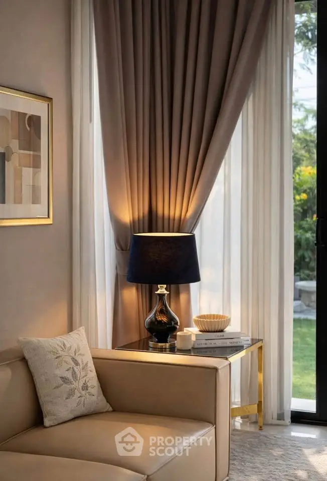 Elegant living room with luxurious sofa, stylish lamp, and garden view through large window.