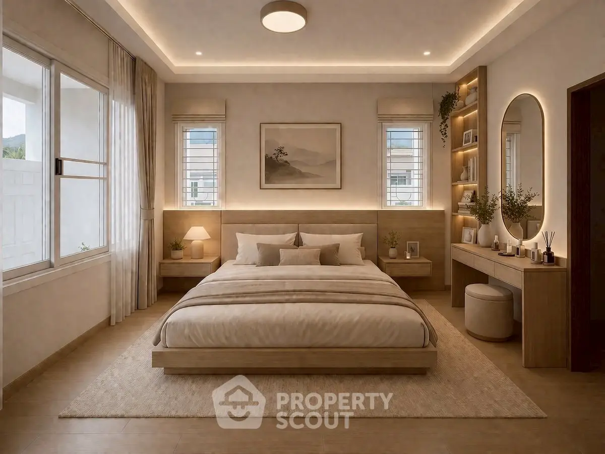 Luxurious modern bedroom with elegant decor and ambient lighting