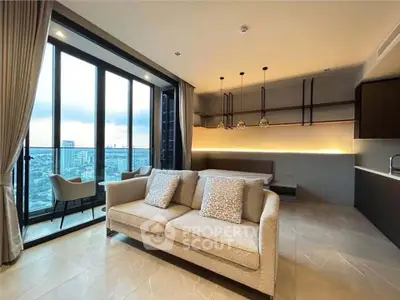 Luxurious modern living room with stunning city view and elegant furnishings.