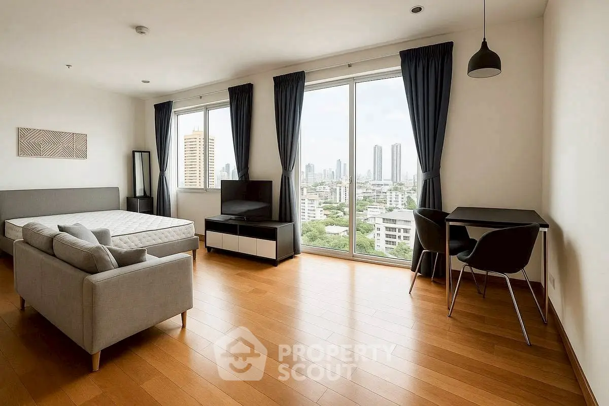 Spacious modern bedroom with city view and stylish furnishings