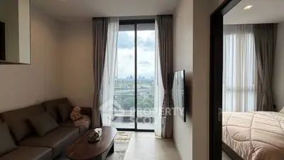 Modern living room with balcony view in a stylish apartment