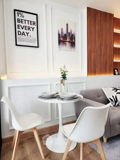 Chic modern living room with stylish dining area and elegant decor