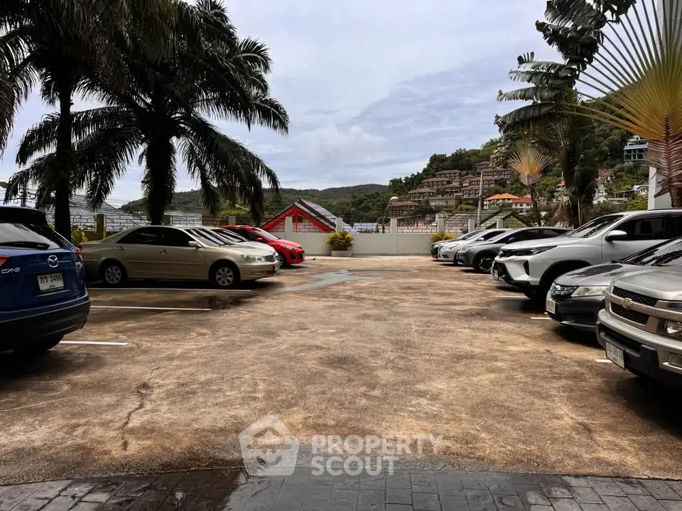 Spacious parking area with scenic hillside view and tropical palm trees.