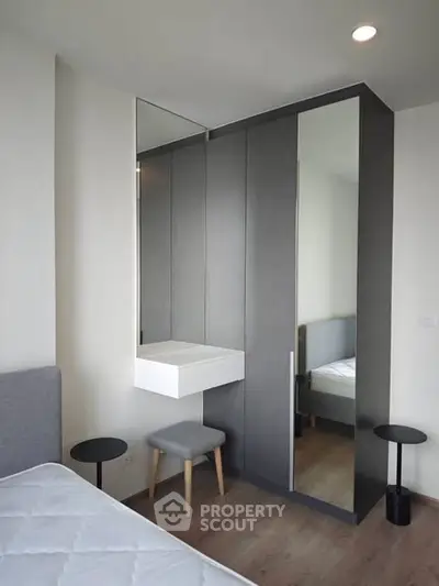 Modern bedroom with sleek wardrobe and minimalist decor