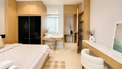 Modern bedroom with elegant wooden furnishings and stylish decor
