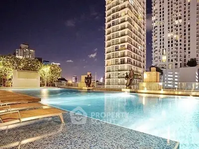 Luxurious rooftop pool with stunning city skyline views at night.