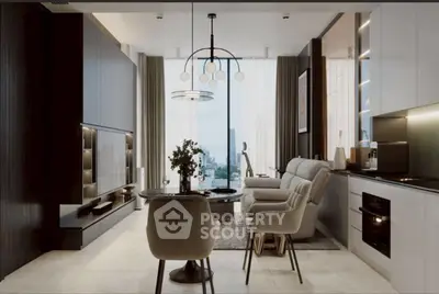 Modern living room with sleek furniture and city view