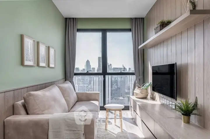 Modern living room with city view, stylish decor, and comfortable seating.