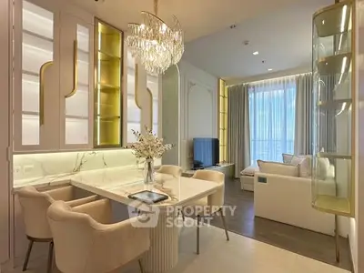 Luxurious modern living room with elegant dining area and stylish chandelier