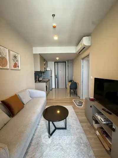 Modern living room with cozy sofa, TV, and open kitchen layout in stylish apartment.