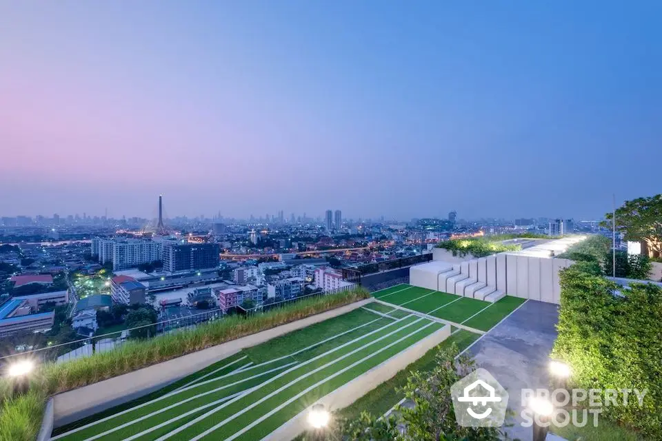 Stunning rooftop view of city skyline at dusk with modern landscaping