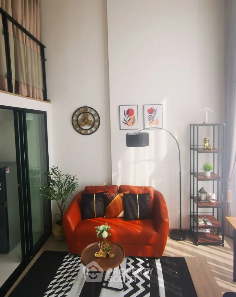 Stylish modern living room with high ceiling and vibrant decor