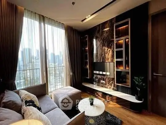 Luxurious modern living room with city view and elegant decor