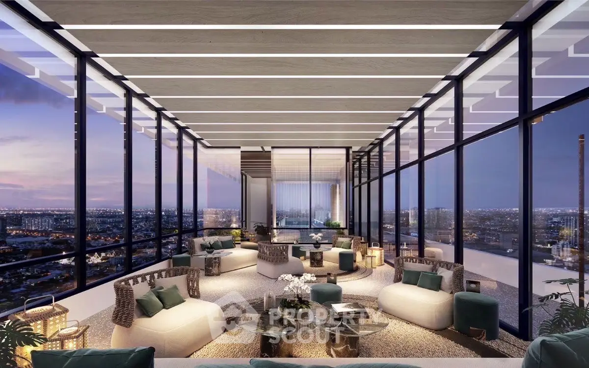 Luxurious modern living room with panoramic city views and elegant furnishings.