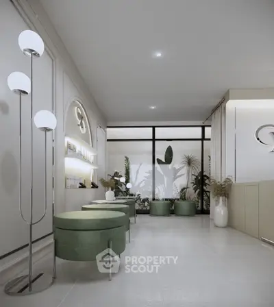 Elegant modern interior with stylish green seating and decorative plants