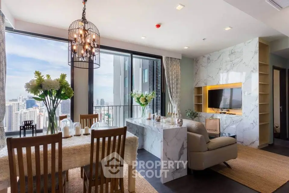 Luxurious modern living room with city view and elegant decor