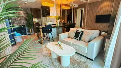 Luxurious modern living room with elegant decor and open kitchen layout
