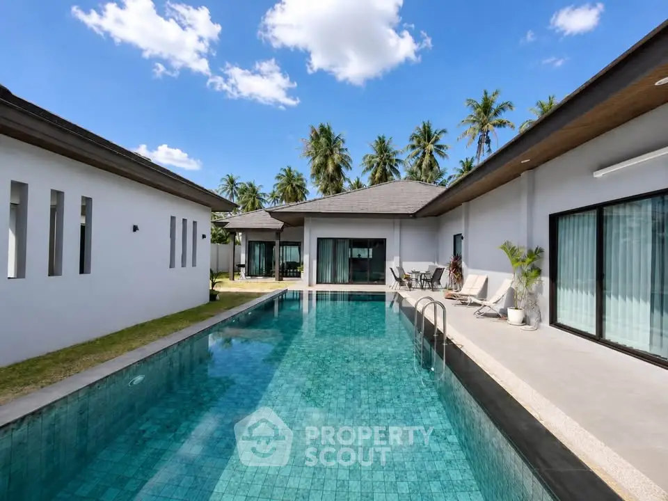 Luxurious villa with private pool and modern design under clear blue sky.