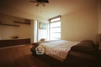 Spacious bedroom with large windows and modern decor
