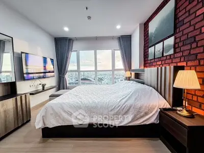 Luxurious bedroom with stunning city view and modern decor