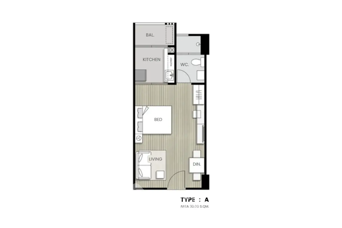 Modern apartment floor plan with kitchen, living area, bedroom, and balcony for urban living.