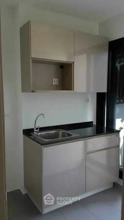 Modern compact kitchen with sleek cabinetry and stainless steel sink, ideal for urban living spaces.