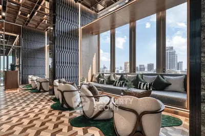 Luxurious modern living room with panoramic city views and stylish decor.
