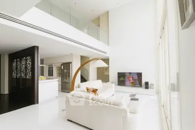 Luxurious modern living room with high ceilings and open kitchen layout