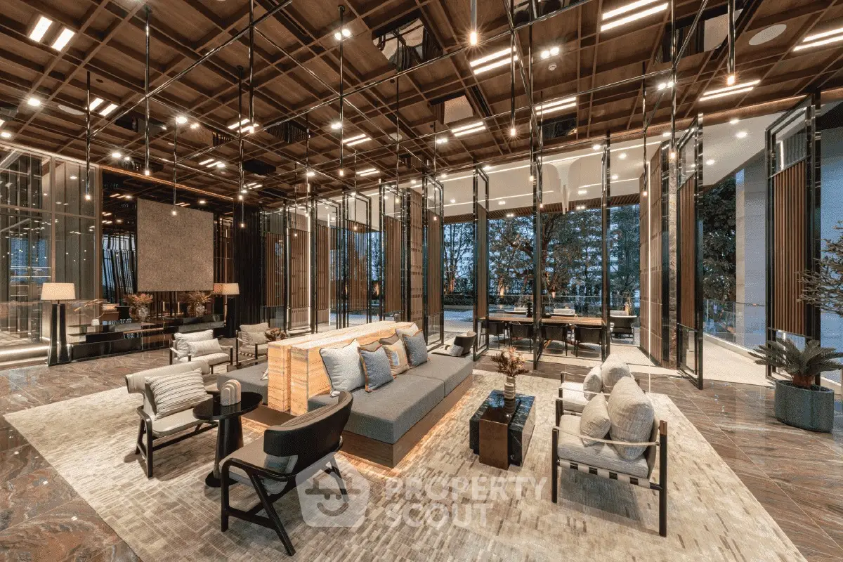 Luxurious modern living room with elegant furnishings and expansive windows