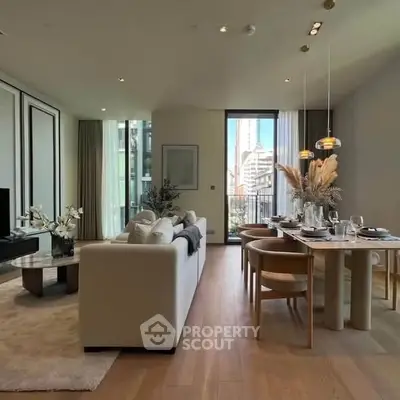 Luxurious open-plan living and dining area with modern decor and city view.