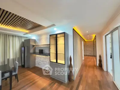 Luxurious modern interior with elegant wooden flooring and ambient lighting