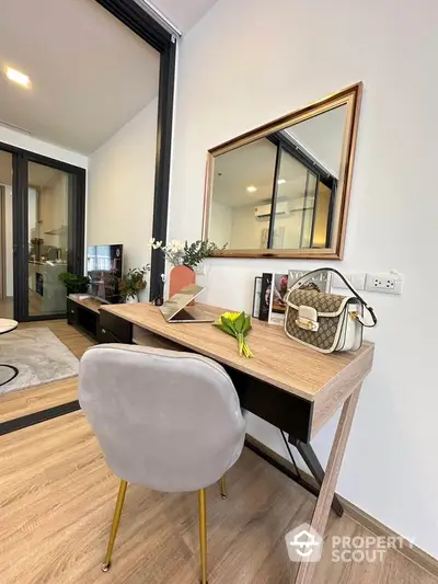 Modern study area with stylish desk and chair in contemporary apartment