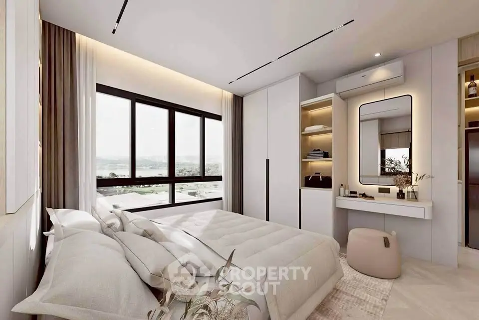 Luxurious modern bedroom with large window and elegant decor