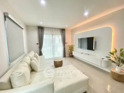 Modern living room with sleek white furniture and ambient lighting