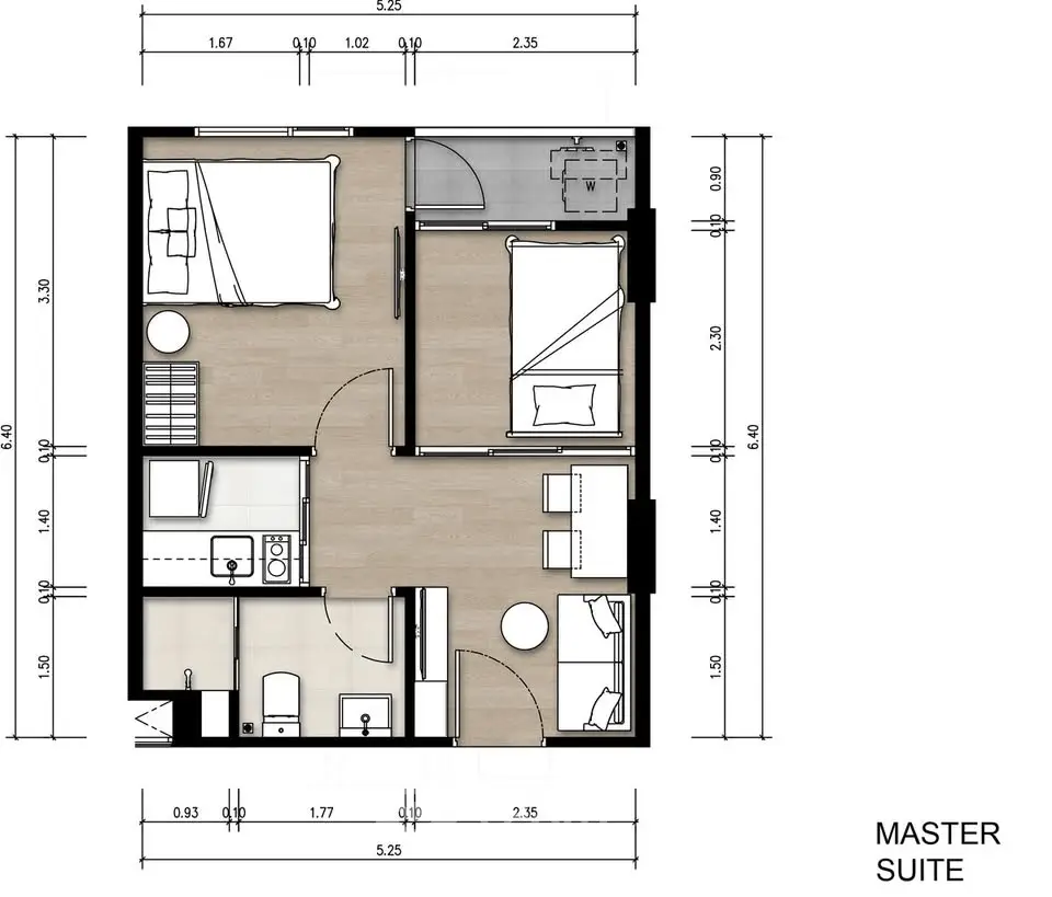 Master suite floor plan with two bedrooms and modern amenities.